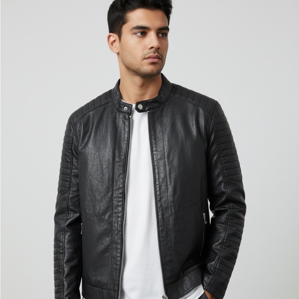 Forever 21 Men’s SZ L Black Faux Leather Jacket with Ribbed Detail Moto Classic